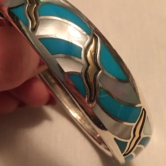 Asch Grossbardt Sterling 18K Gold Bangle Bracelet Turquoise & Mother of Pearl - Picture 5 of 10